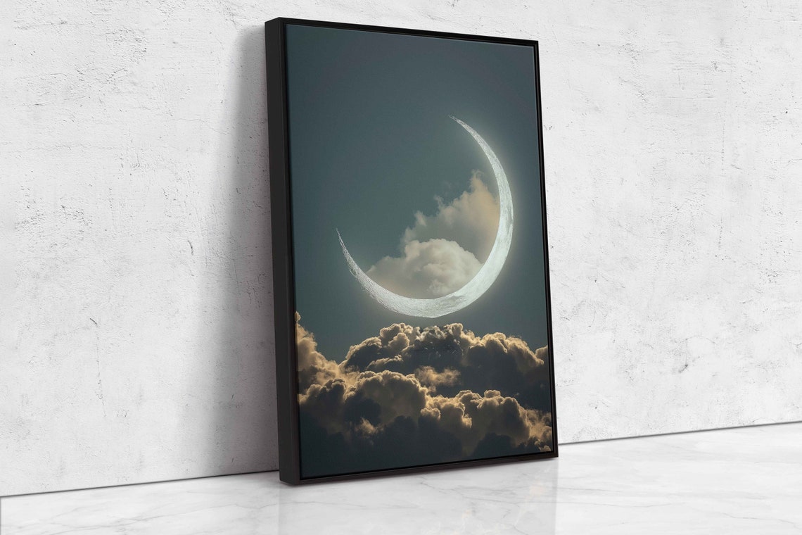 Crescent Moon Above Clouds Hyperrealism Photo Wall Art Print Celestial Poster Minimalistic Print Impressionism Ready To Hang - Image 4