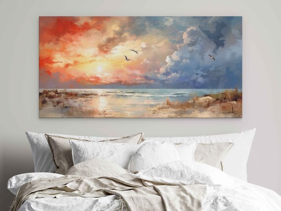 Abstract Beach Sunset Watercolor Seagulls Flying Ocean Shore Golden Sky Travel Poster