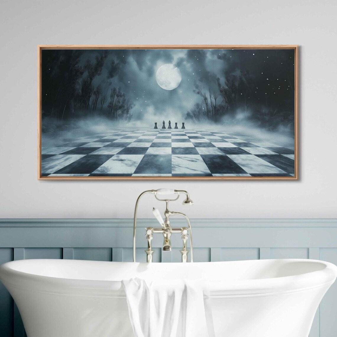 Crystal Chessboard In Fog, Mystical Moonlit Atmosphere