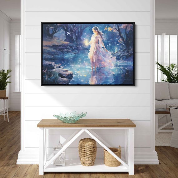Moonlit Forest Stream Enchanted Woman Night Magic Fairytale Print