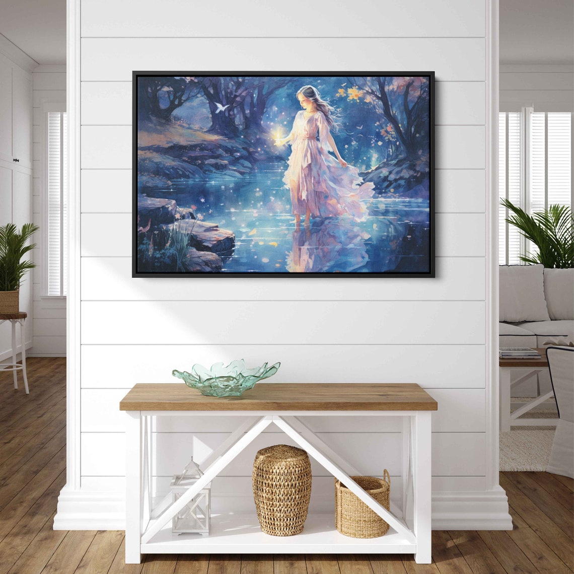 Moonlit Forest Stream Enchanted Woman Night Magic Fairytale Print