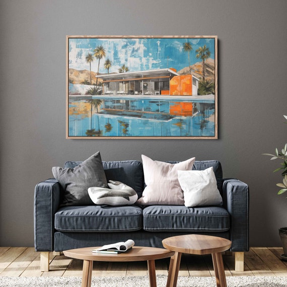 Mid Century Modern House With Pool And Palm Trees Wall Art Print Backyard Hangout Clear Skies Ready To Hang