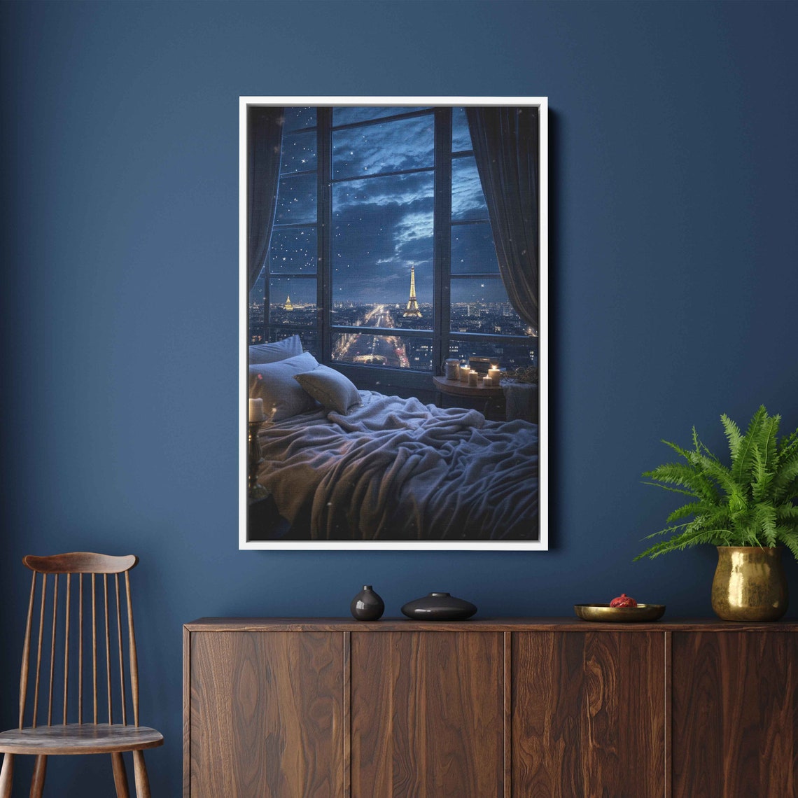 Eiffel Tower Starry Night View From Cozy Bed Window Candles Poster