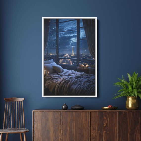 Eiffel Tower Through Window Wall Art Print Paris Nightscape French Town Starry Sky Ready To Hang