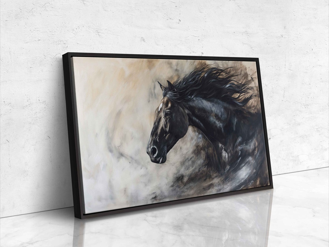 Black Horse Head Portrait Smoky Mist Dramatic Equine Painting Poster - Image 4