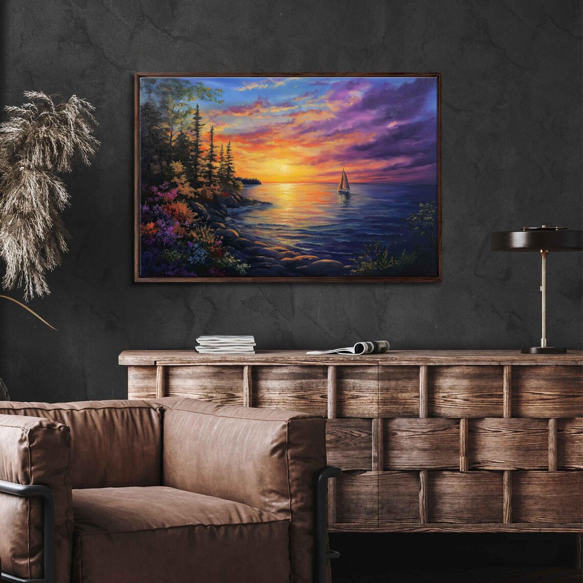 Solitary Sailboat Sunset Voyage Purple Orange Sky Pine Rocky Coast Painting Travel Poster - Image 3