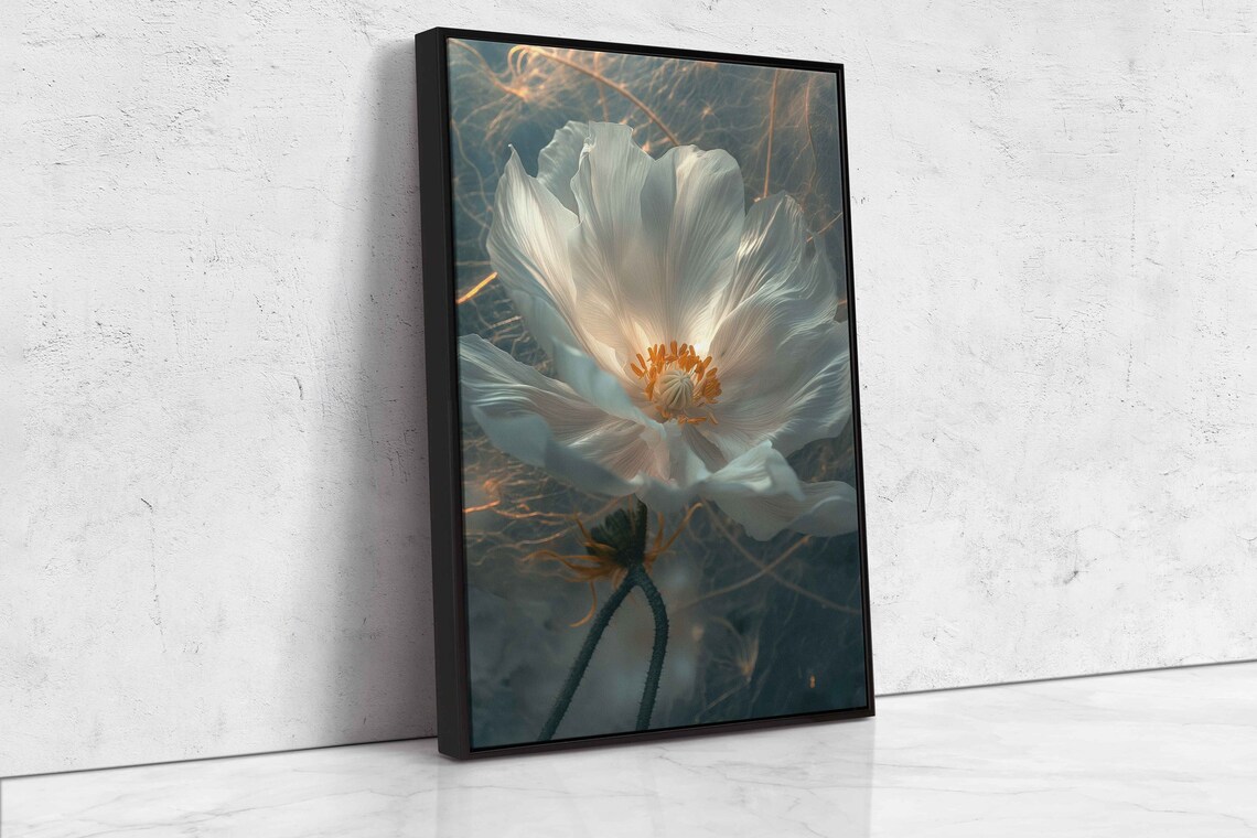 White Poppy Flower Close Up Moody Dark Botanical Wall Art Print - Image 4