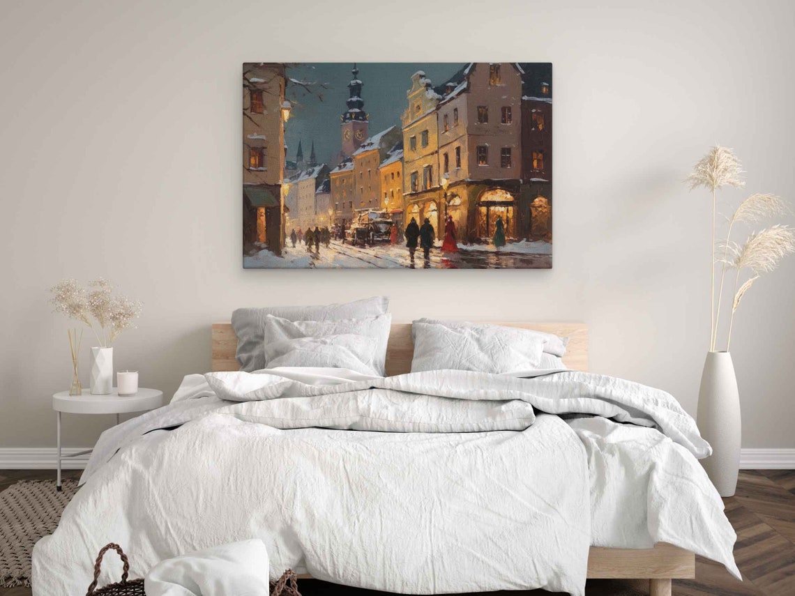 Bavaria Germany Snowy Downtown Shops At Night With Clock Tower Poster - Image 3