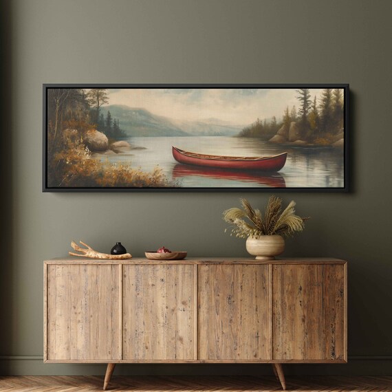 Lone Wooden Red Canoe Floating In Lake Oil Wall Art Print Tree Lined Shore Gift For Outdoorsman Vintage Art Ready To Hang