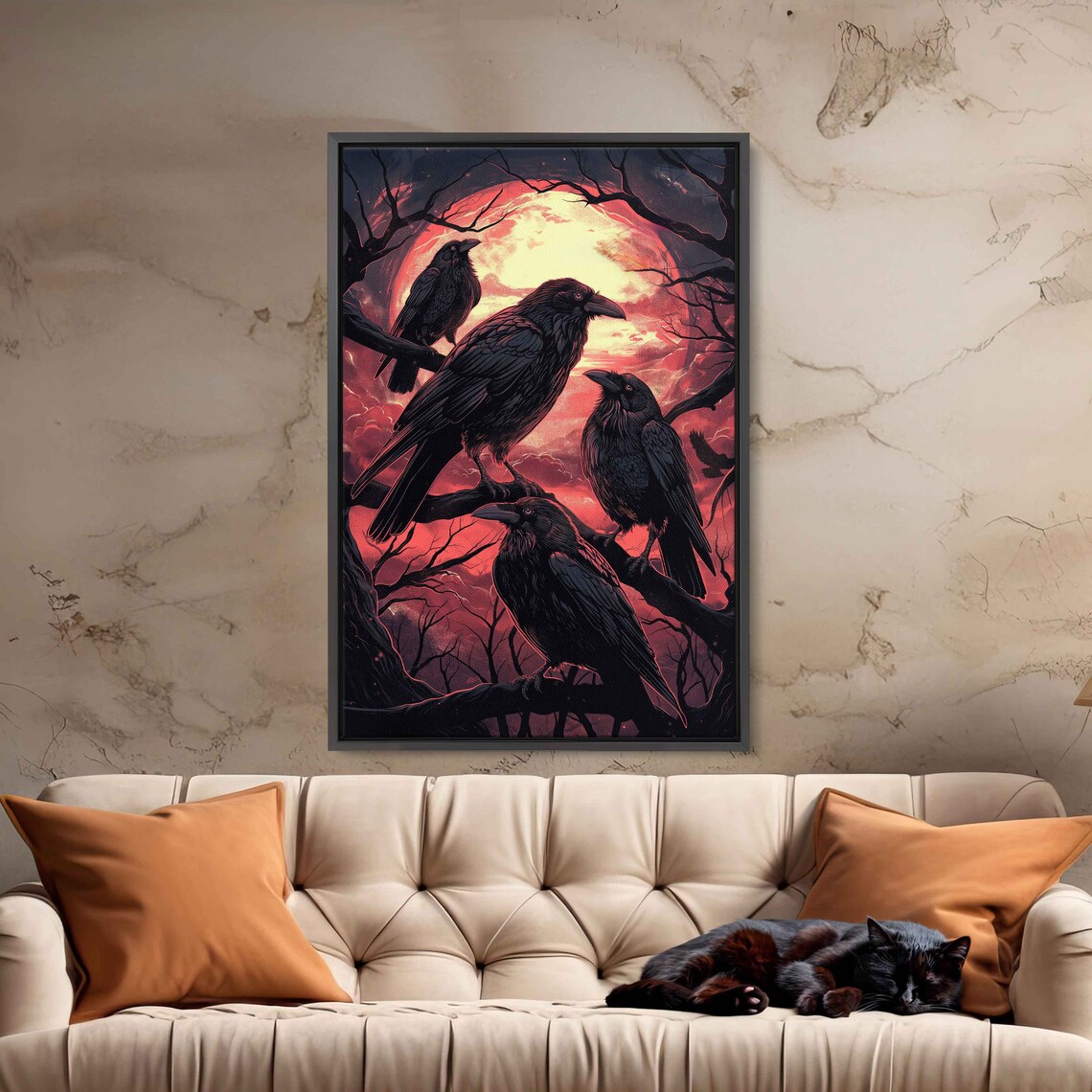 Blood Red Moon With Ravens On Branches Dark Fantasy Art Poster