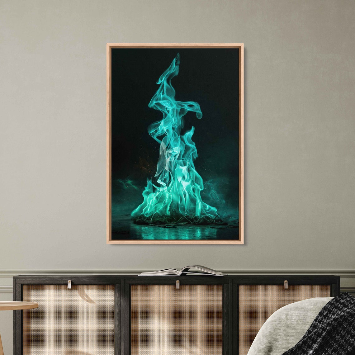 Turquoise Blue Green Flames On Black Background Abstract Art Poster - Image 3
