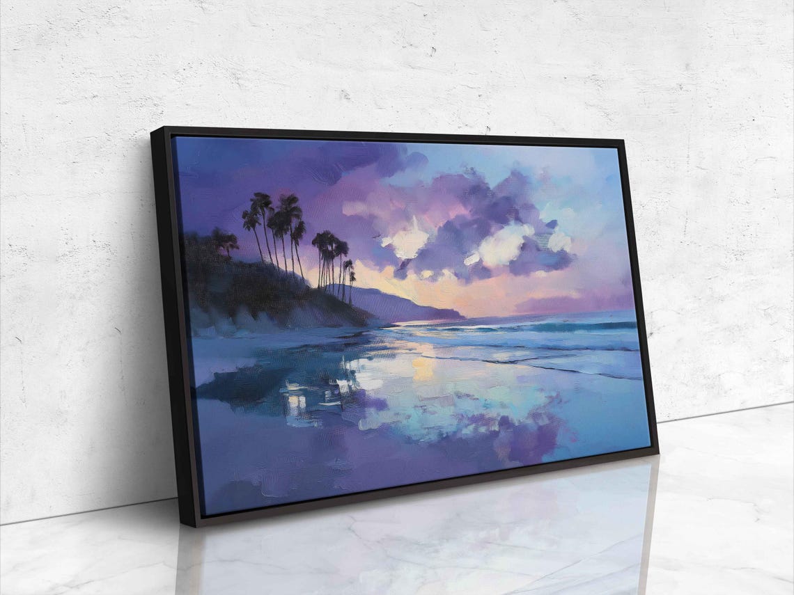 Tranquil Beach Scene At Dusk Wall Art Print Silhouetted Palm Trees Soft Purples And Blues - Image 4