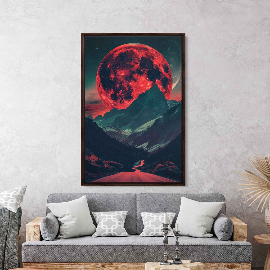 Giant Blood Red Moon Rising Over Dark Desert Mountain Road Poster - Image 2