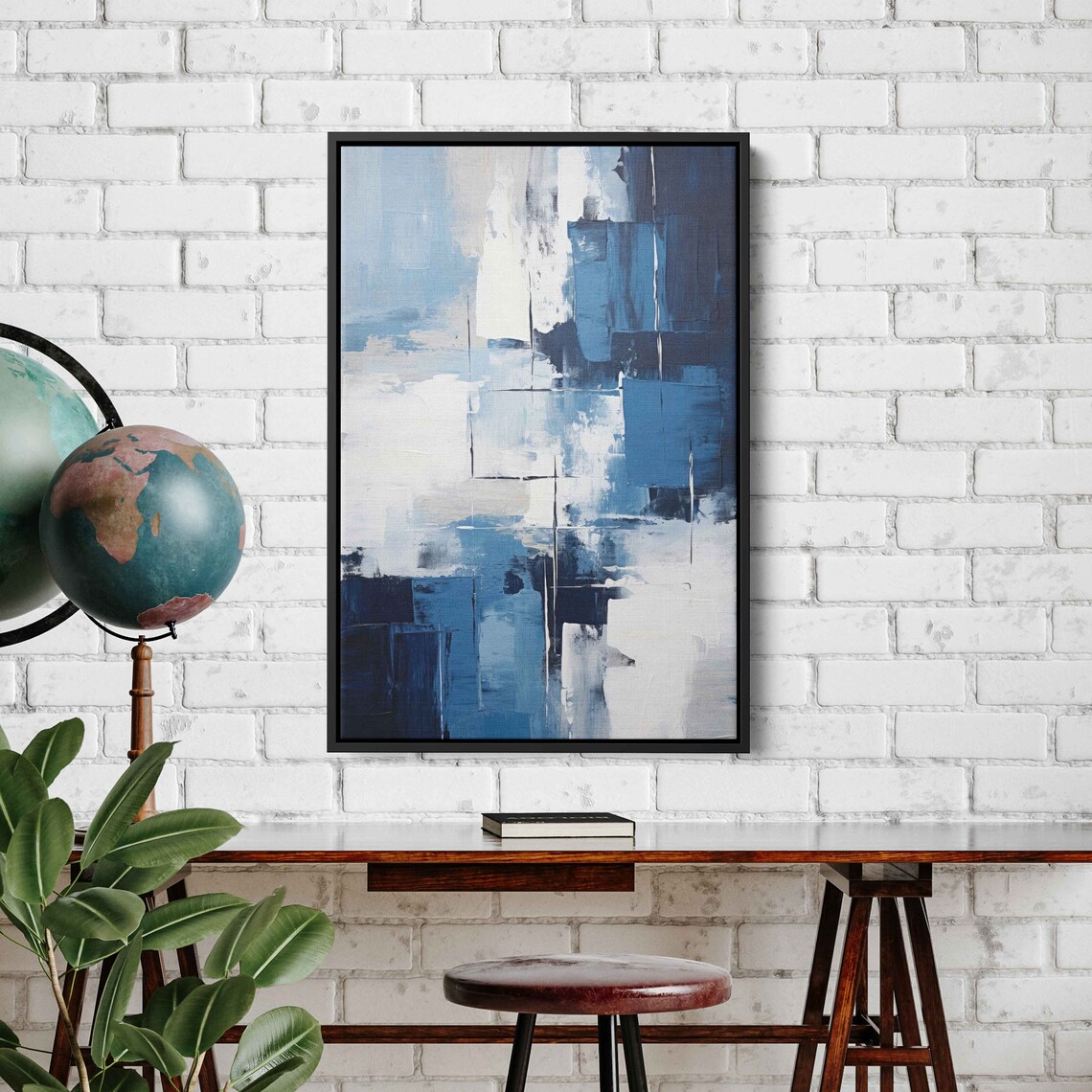 Navy Blue Abstract Palette Knife Painting Modern Minimalist Art Print - Image 2