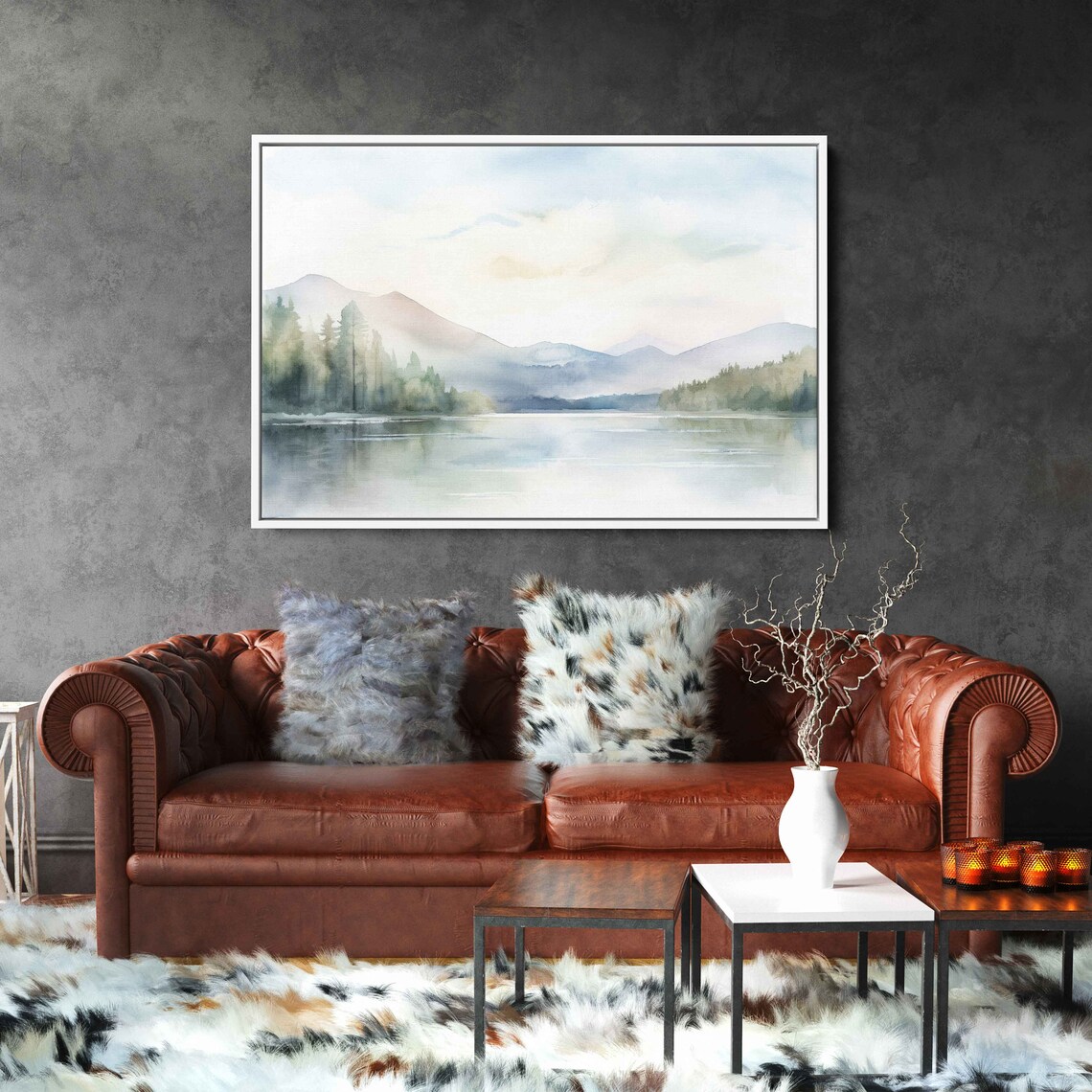 Misty Mountain Lake With Pines Watercolor Landscape Travel Poster - Image 2
