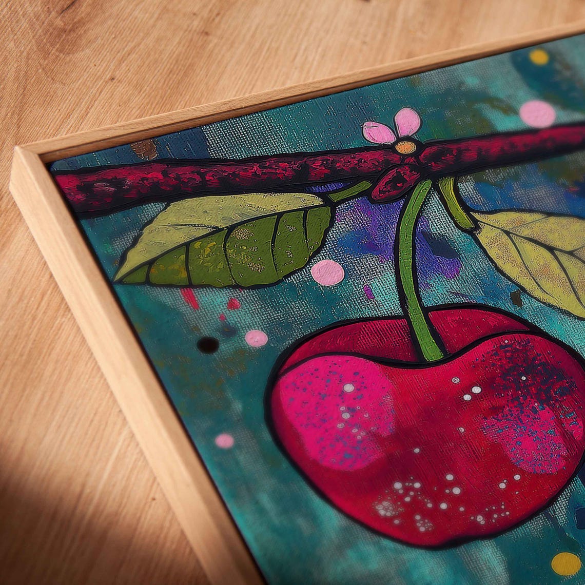 Ruby Red Cherries Pink Blossoms Teal Night Sky Art Print Poster - Image 2