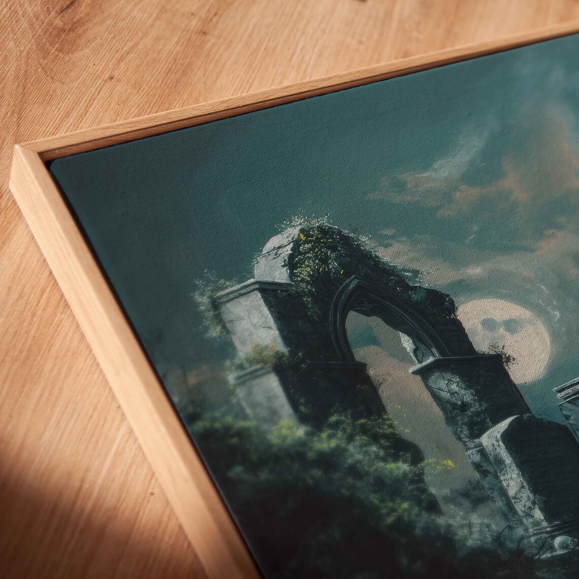 Ghostly Bride In Moonlit Cemetery Ruins Tombstones Spooky Wall Art - Image 2