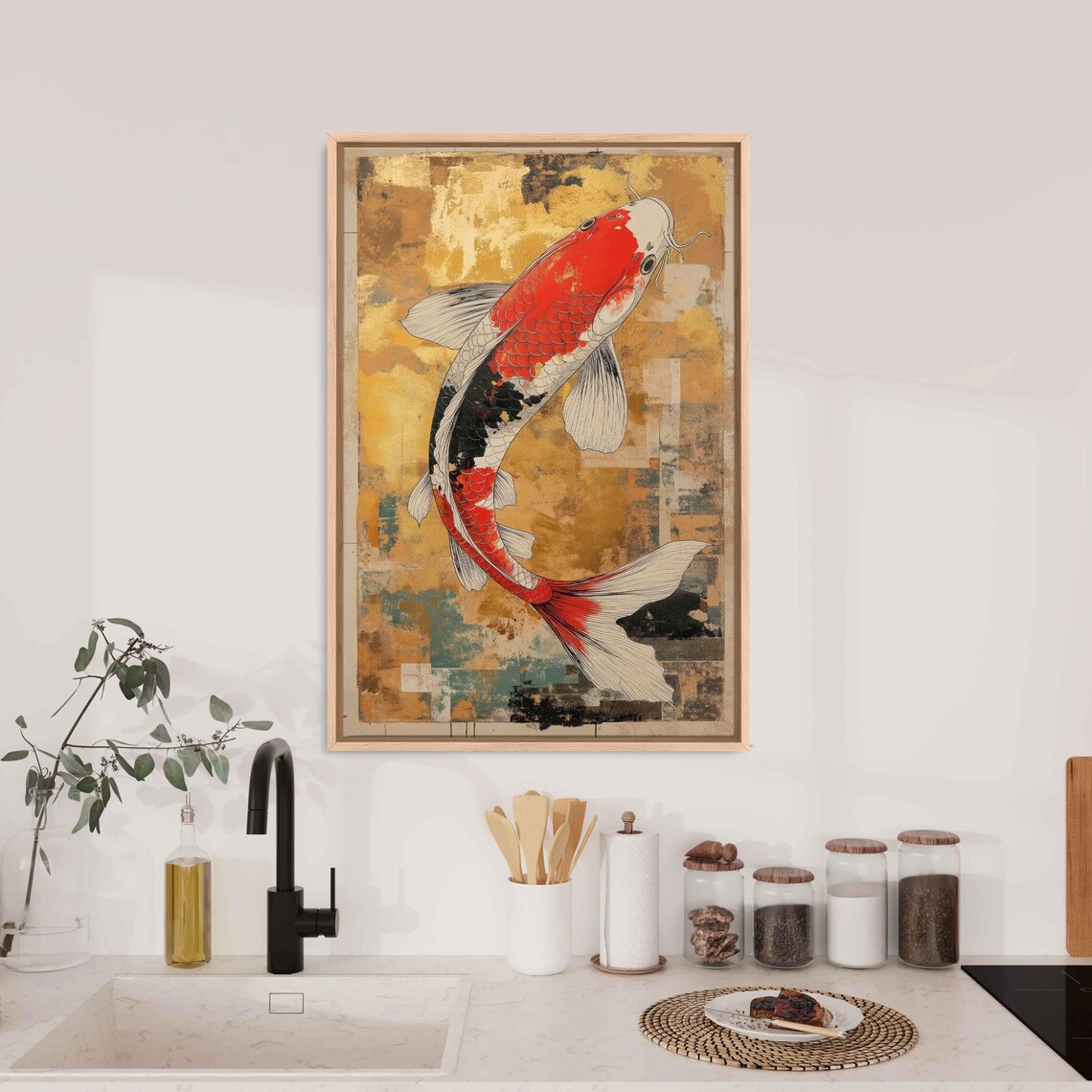 Surreal Koi Fish Art Wall Art Print Gold Leaf Accents Whimsical Collage Style