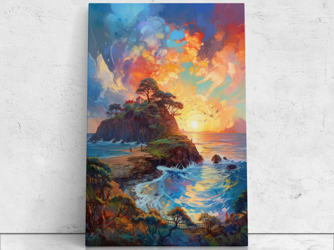 Dramatic Coastal Headland Sunset Oil Painting Waves Rocks Cliffs Travel Poster