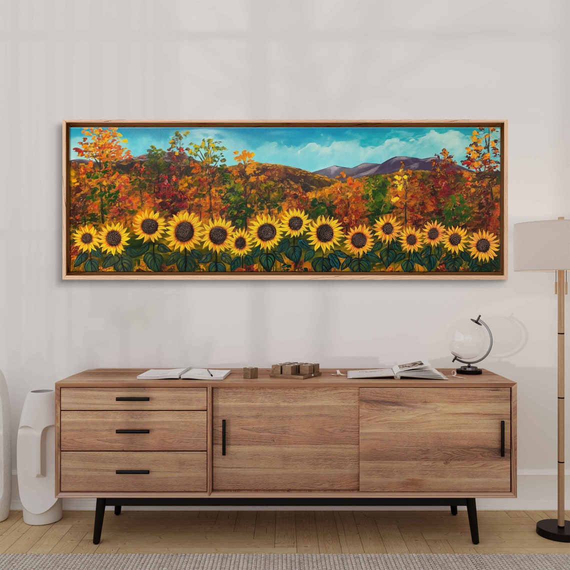 Sunflower Field With Fall Foliage And Mountain Backdrop Art Poster