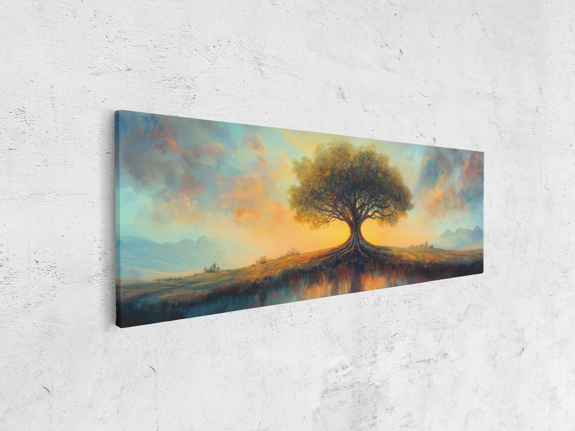 Tree Of Life Sunset Panorama Lone Tree Golden Sky Painting Art Poster - Image 4