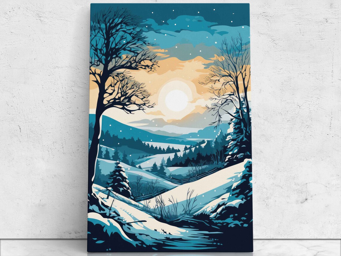 Winter Sunrise Snowy Hills Blue Pop Art Landscape Travel Poster