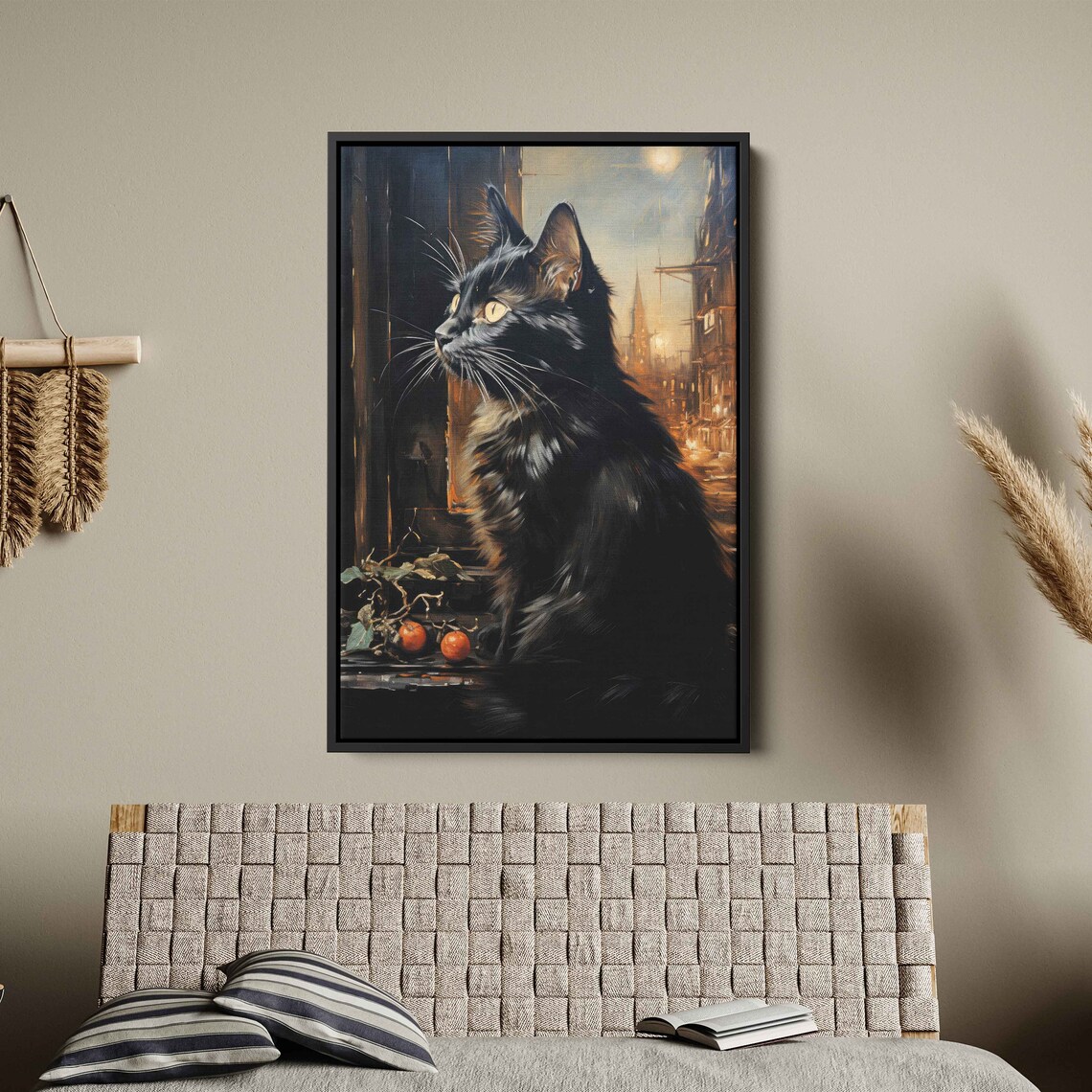 Black Cat Sitting In Windowsill Night City Oil Painting Cat Lover Print - Image 3