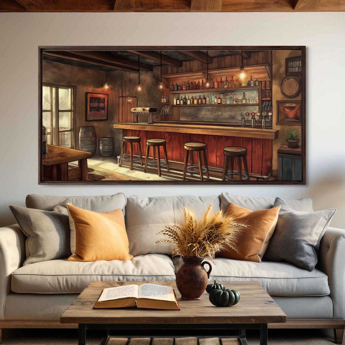 Rustic Pub Interior Wooden Bar Stools Barrels Warm Glow Poster - Image 3