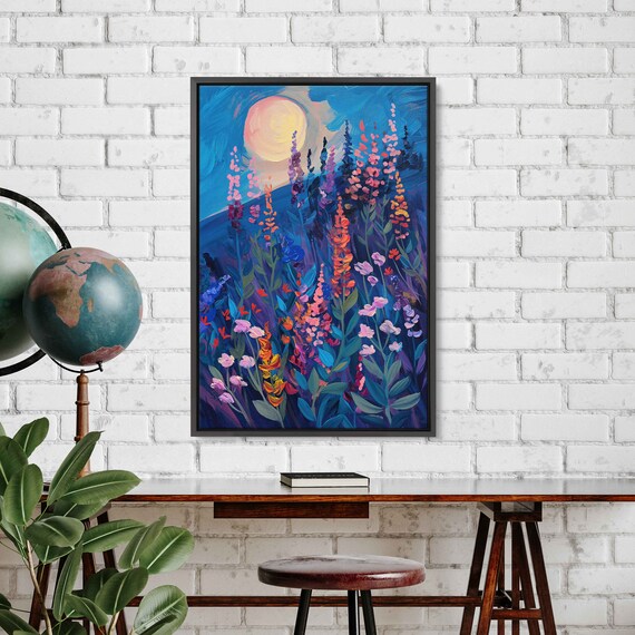 Field Of Vibrant Flowers Full Moon Starry Night Painting Framed Print Ready To Hang