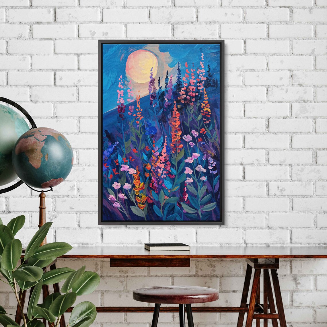 Wildflower Field Full Moon Starry Night Vibrant Floral Meadow Art Poster