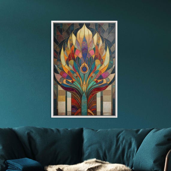 Art Deco Peacock Wall Art Print Elegant Feathers Geometric Background Colorful Design