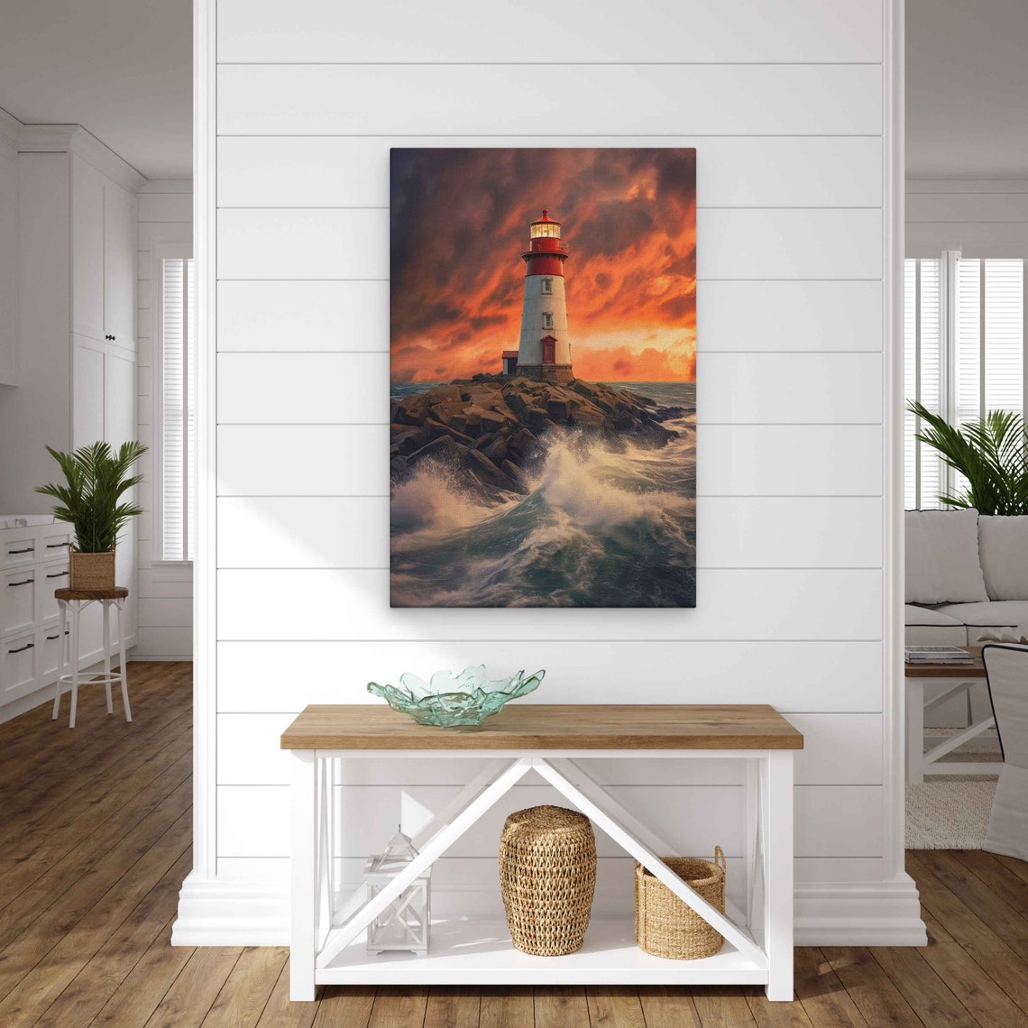 Lighthouse on Rocky Island Waves Crashing Sunset Ocean Decor Poster - Image 3