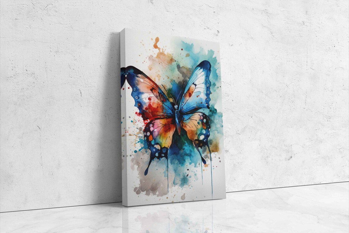 Colorful Watercolor Butterfly Blue And Orange Floral Splash Wall Art - Image 4