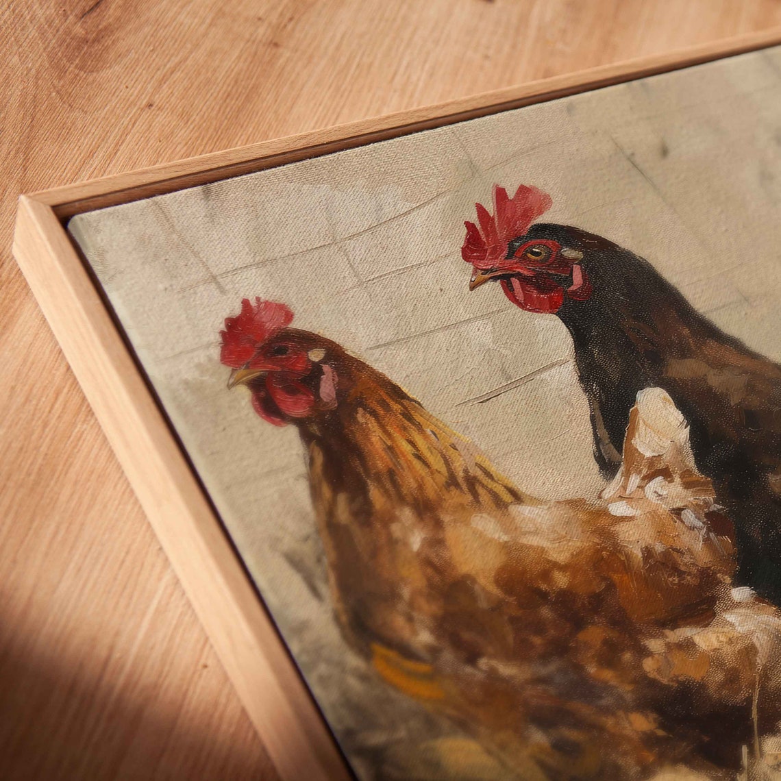 Five Chickens Roosters Close Up Rustic Straw Farm Portrait Painting - Image 2
