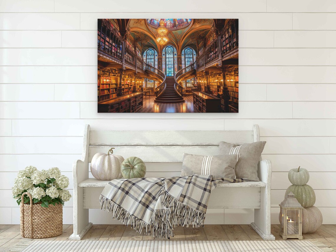 Grand Library Spiral Staircase Stained Glass Fantasy Book Lover Poster - Image 2