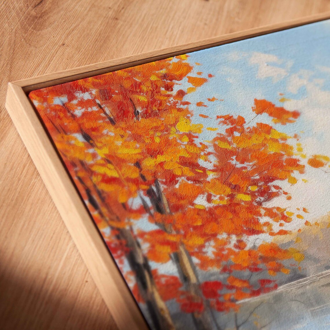 Wooden Canoe Floating On Calm Blue Autumn Lake Painting Poster - Image 2