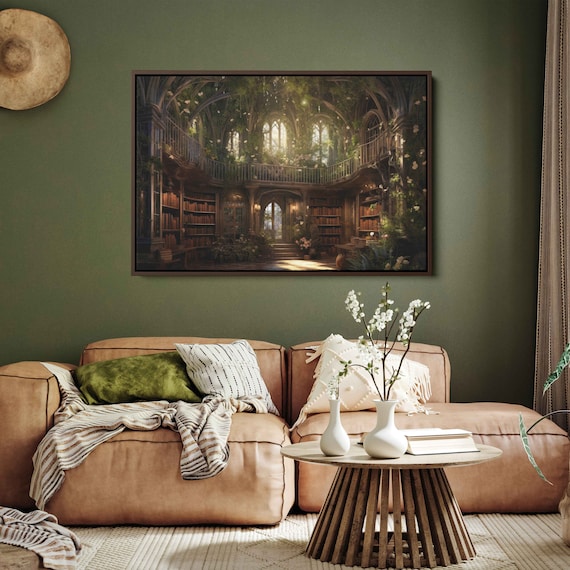 Grand Enchanted Library Gothic Hall Overgrown Plants Fantasy Book Nook Poster