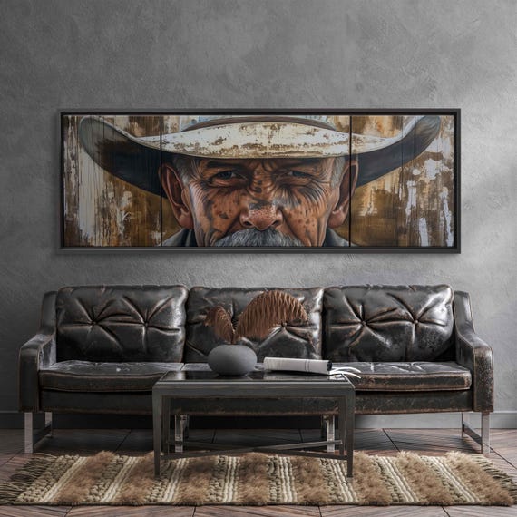 Vintage Cowboy Closeup Portrait Acrylic Wall Art Print Realistic Painting Western Wall Art Rustic Painting Ready To Hang
