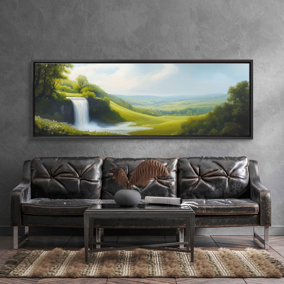 Waterfall in Lush Green Valley Distant Hills Panoramic Poster