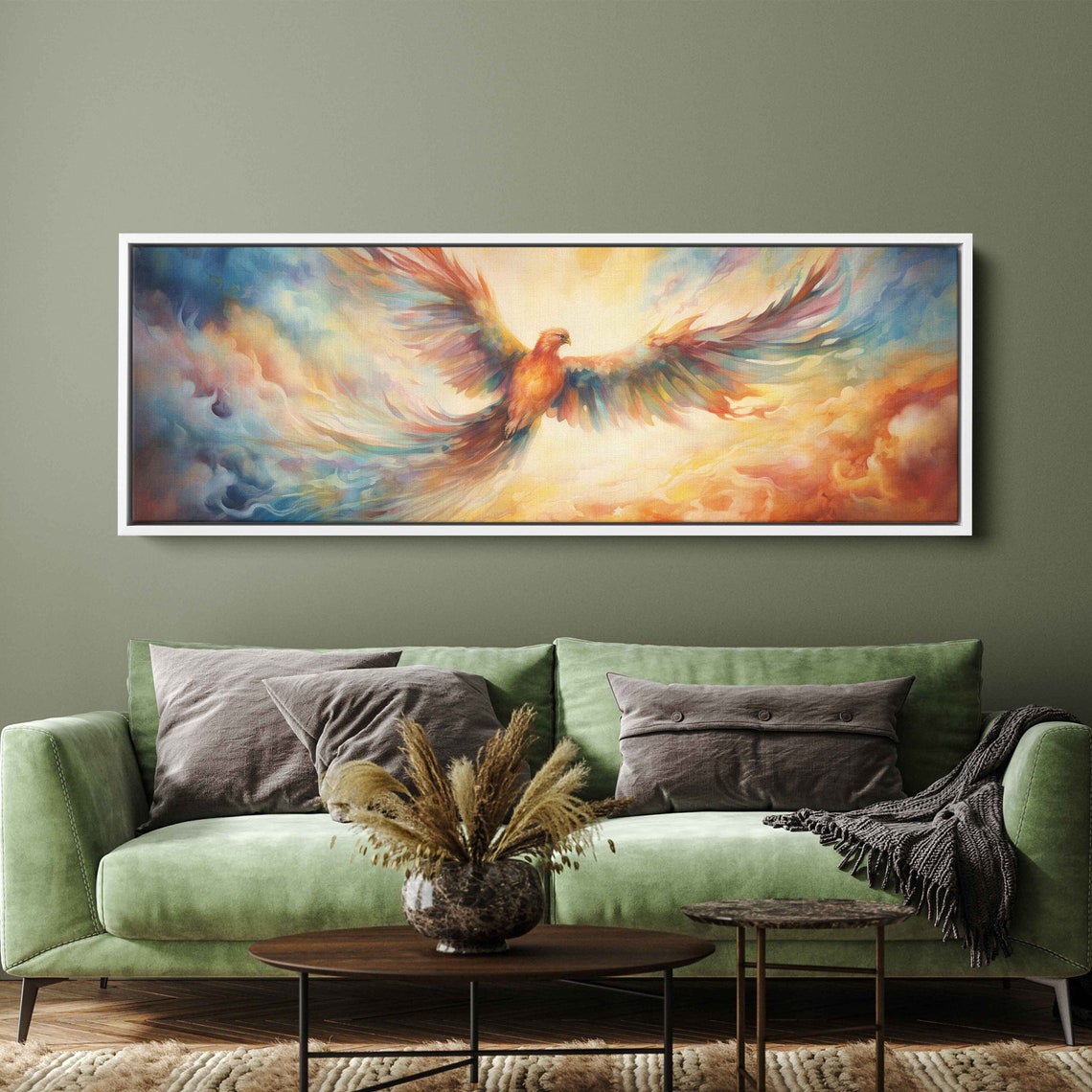 Phoenix Soaring Pastel Clouds Watercolor Panoramic Rebirth Bird Art - Image 3
