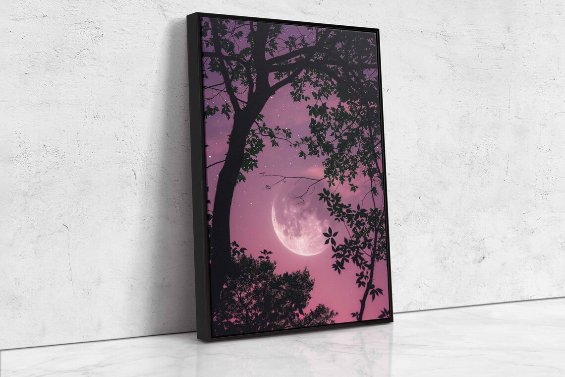 Pink Moon Through Tree Branches Starry Night Sky Silhouette Wall Poster - Image 4