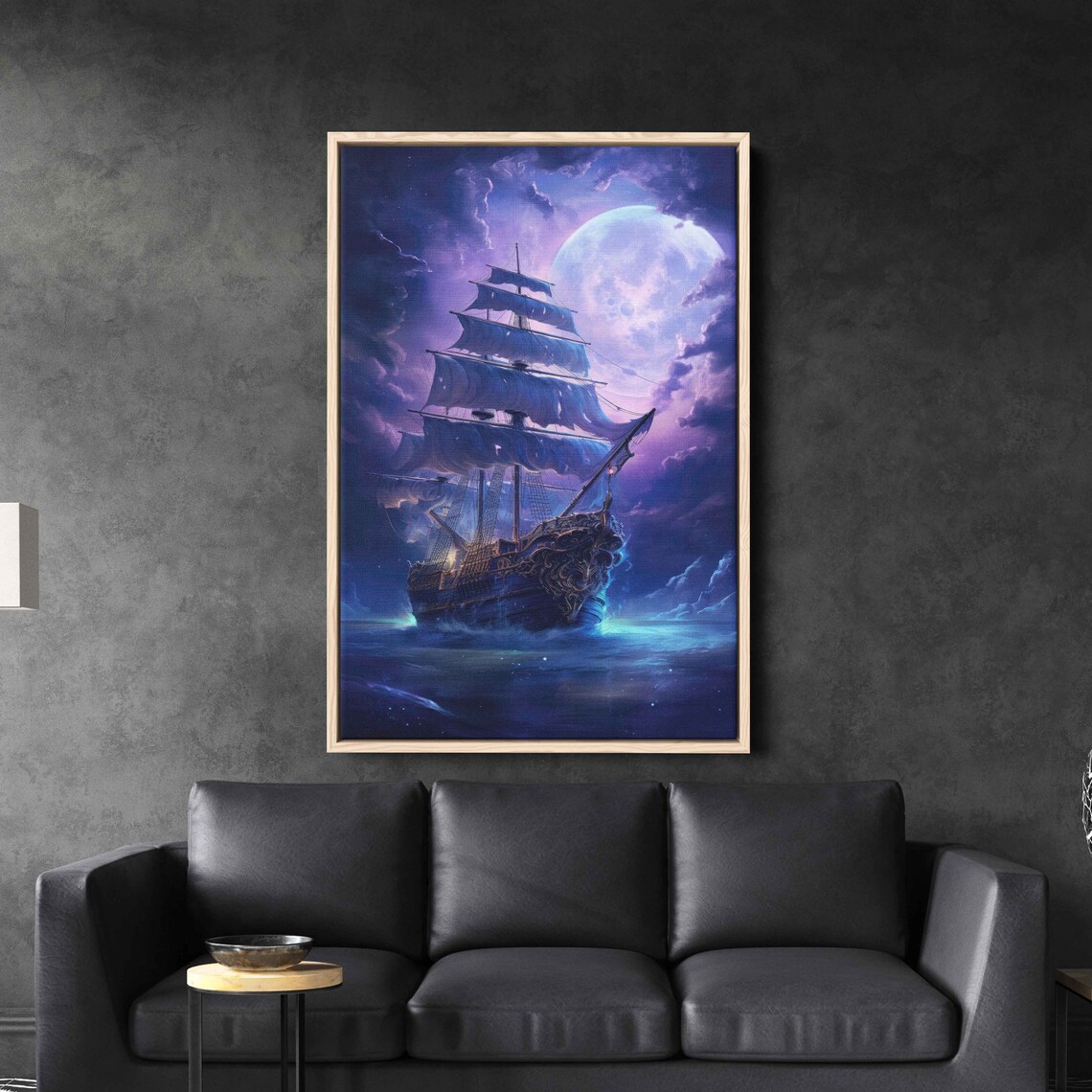 Ghost Pirate Ship Giant Purple Full Moon Tattered Sails Ocean Fantasy Poster - Image 3