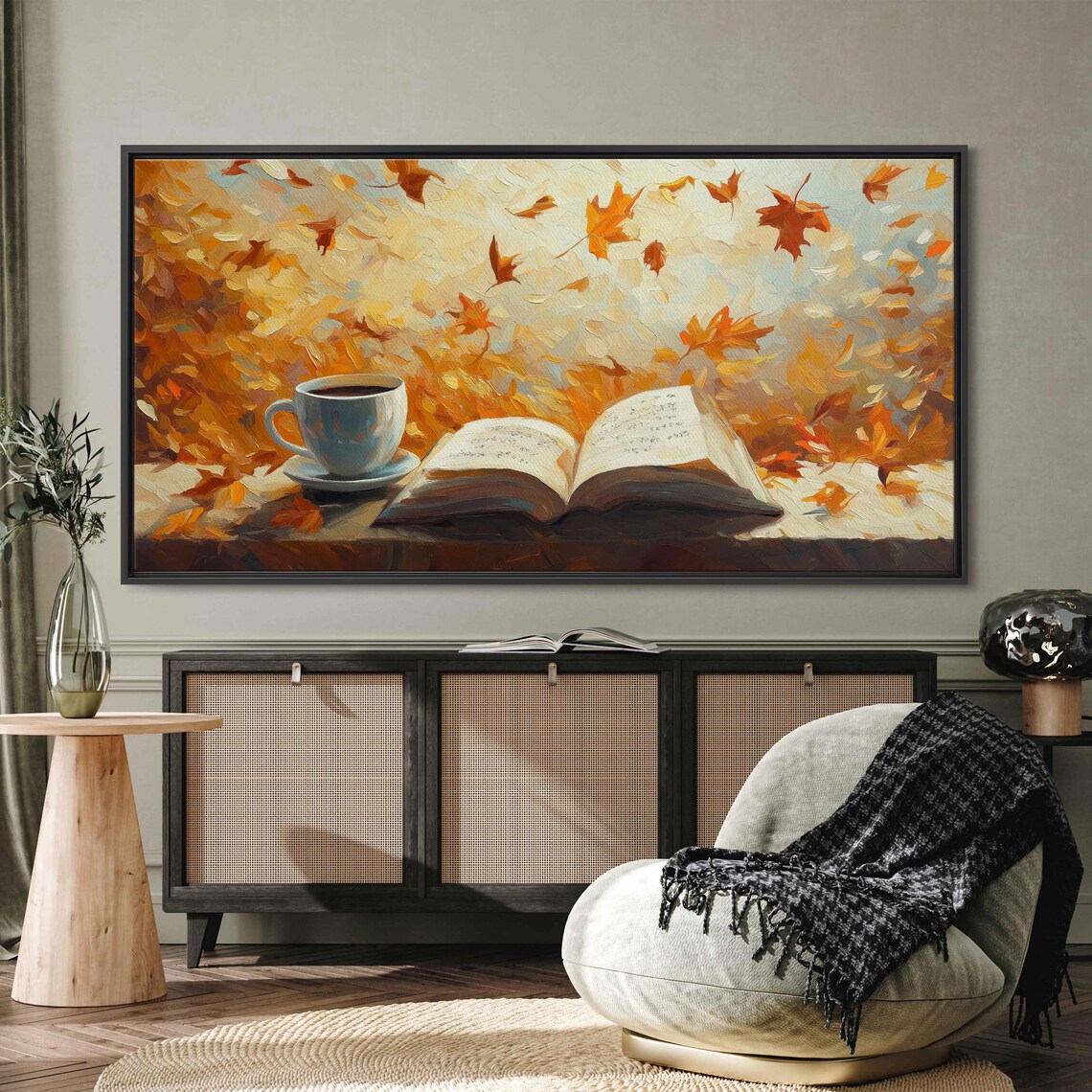 Open Book And Coffee Cup With Swirling Autumn Leaves Painting
