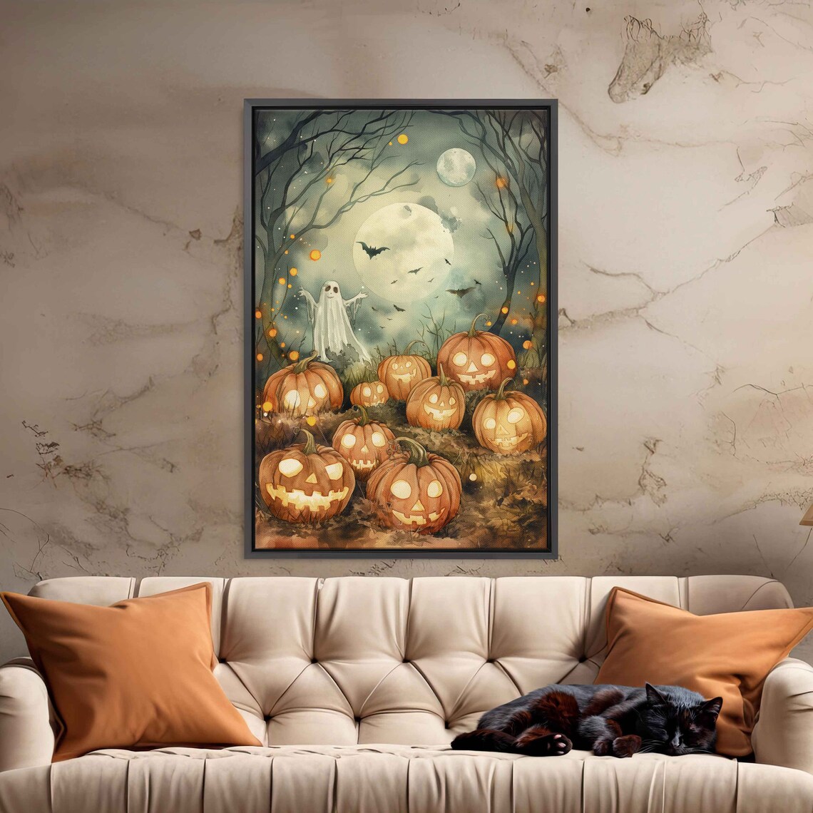 Moonlit Pumpkin Patch With Friendly Ghosts Bats And Glowing Pumpkins Wall Art - Image 3