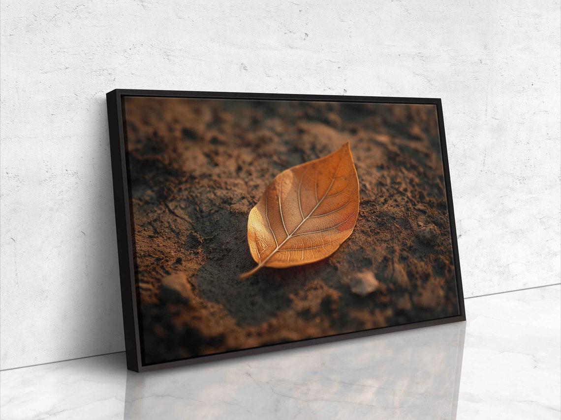 Golden Leaf Resting On Dark Rich Soil Close Up Nature Photo Poster - Image 4