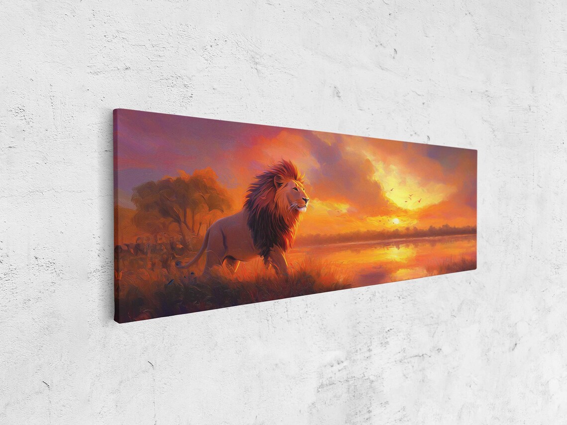 Mighty Lion At Water's Edge Fiery Sunset Panoramic Wildlife Poster - Image 4