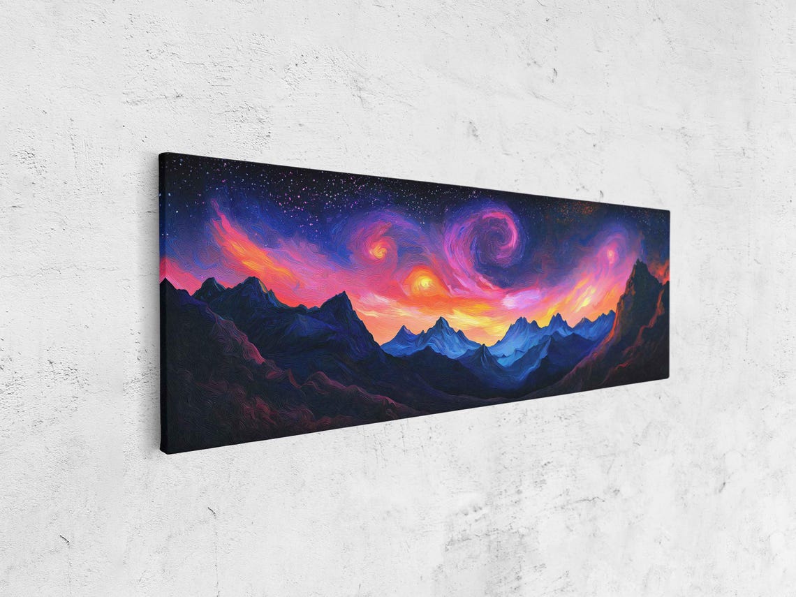 Starry Sky Over Rugged Mountains Wall Art Print Vivid Acrylic Painting Cosmic Colors - Image 4