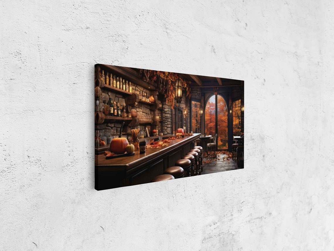 Cozy Autumn Bar Pumpkins Leather Stools Arched Windows Fall Art Print - Image 4