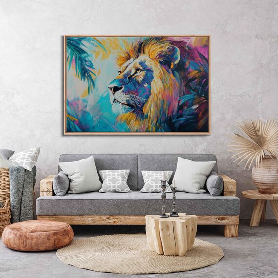 Majestic Lion Portrait Vibrant Acrylic Tropical Palm Colorful Art Poster