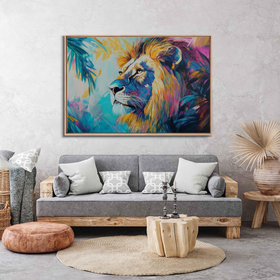 Majestic Lion Portrait Vibrant Acrylic Tropical Palm Colorful Art Poster